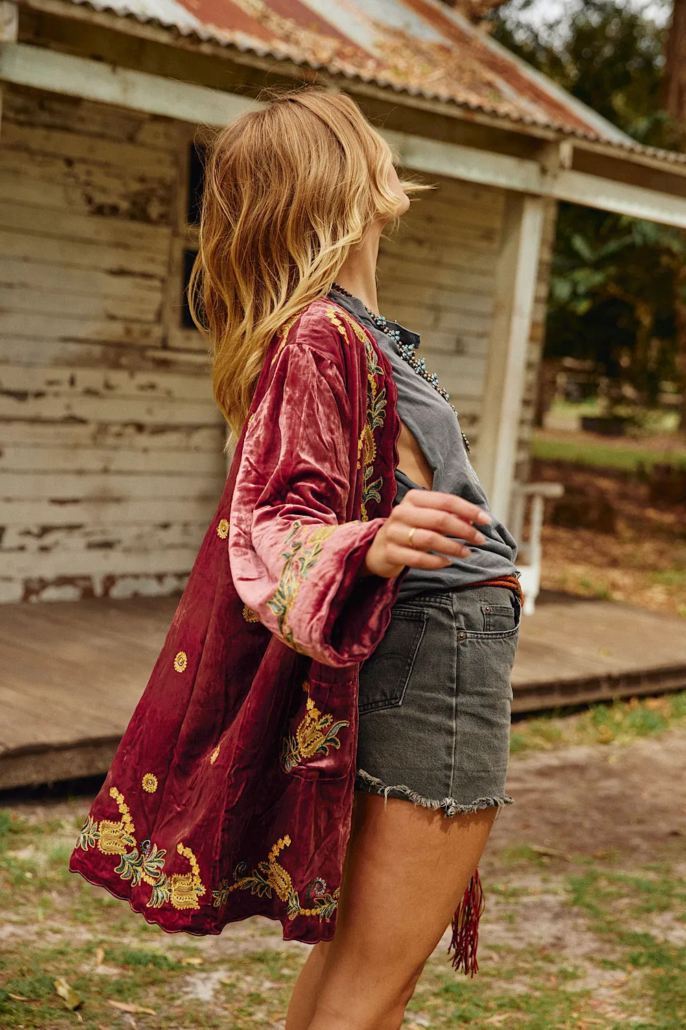Proud Mary Silk Velvet And Embroidered Short Housecoat - ruby wine
