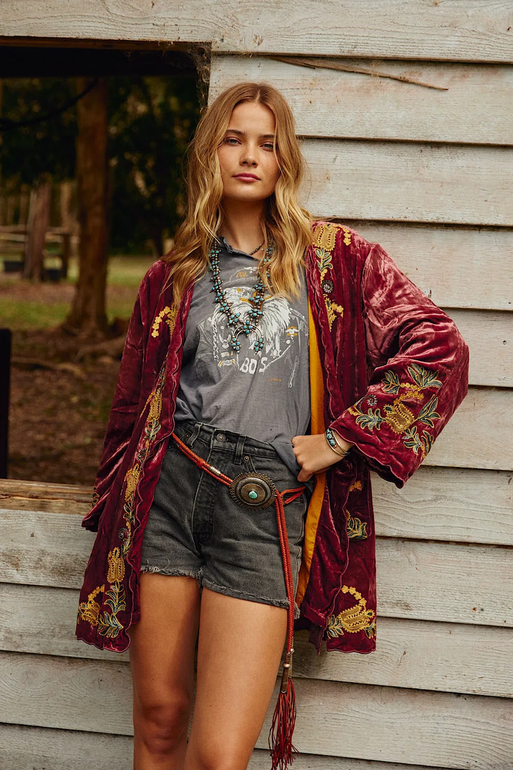 Proud Mary Silk Velvet And Embroidered Short Housecoat - ruby wine