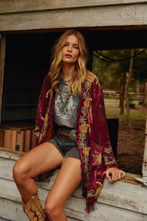 Proud Mary Silk Velvet And Embroidered Short Housecoat - ruby wine