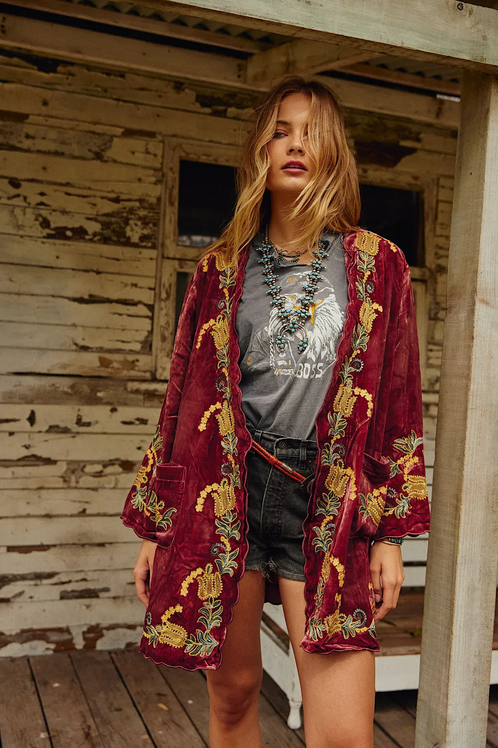 Proud Mary Silk Velvet And Embroidered Short Housecoat - ruby wine