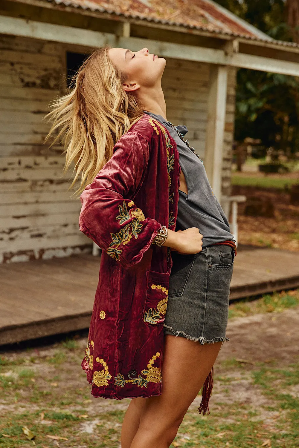 Proud Mary Silk Velvet And Embroidered Short Housecoat - ruby wine