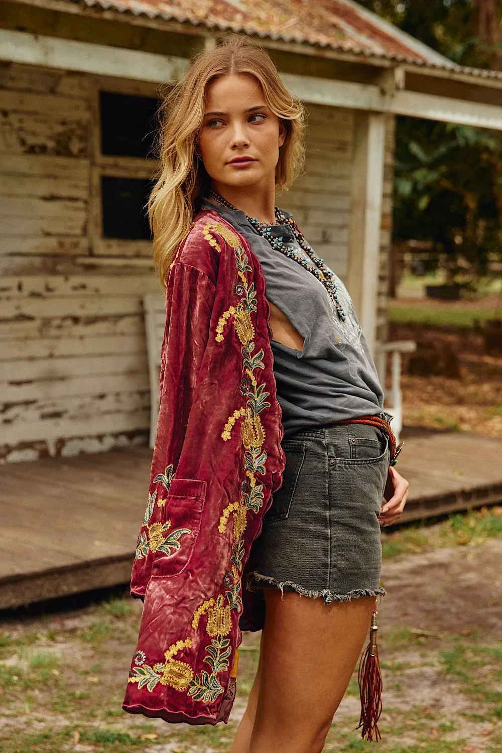 Proud Mary Silk Velvet And Embroidered Short Housecoat - ruby wine
