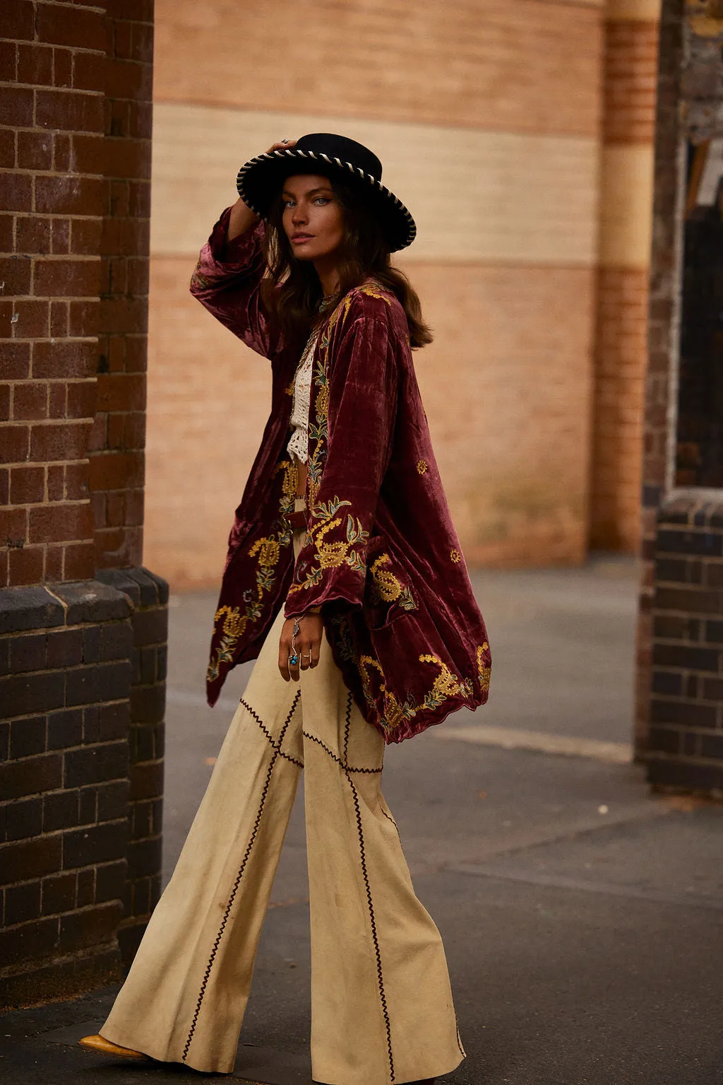 Proud Mary Silk Velvet And Embroidered Short Housecoat - ruby wine