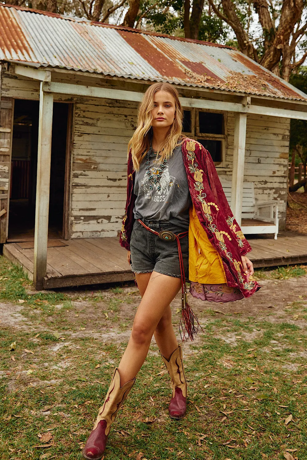 Proud Mary Silk Velvet And Embroidered Short Housecoat - ruby wine