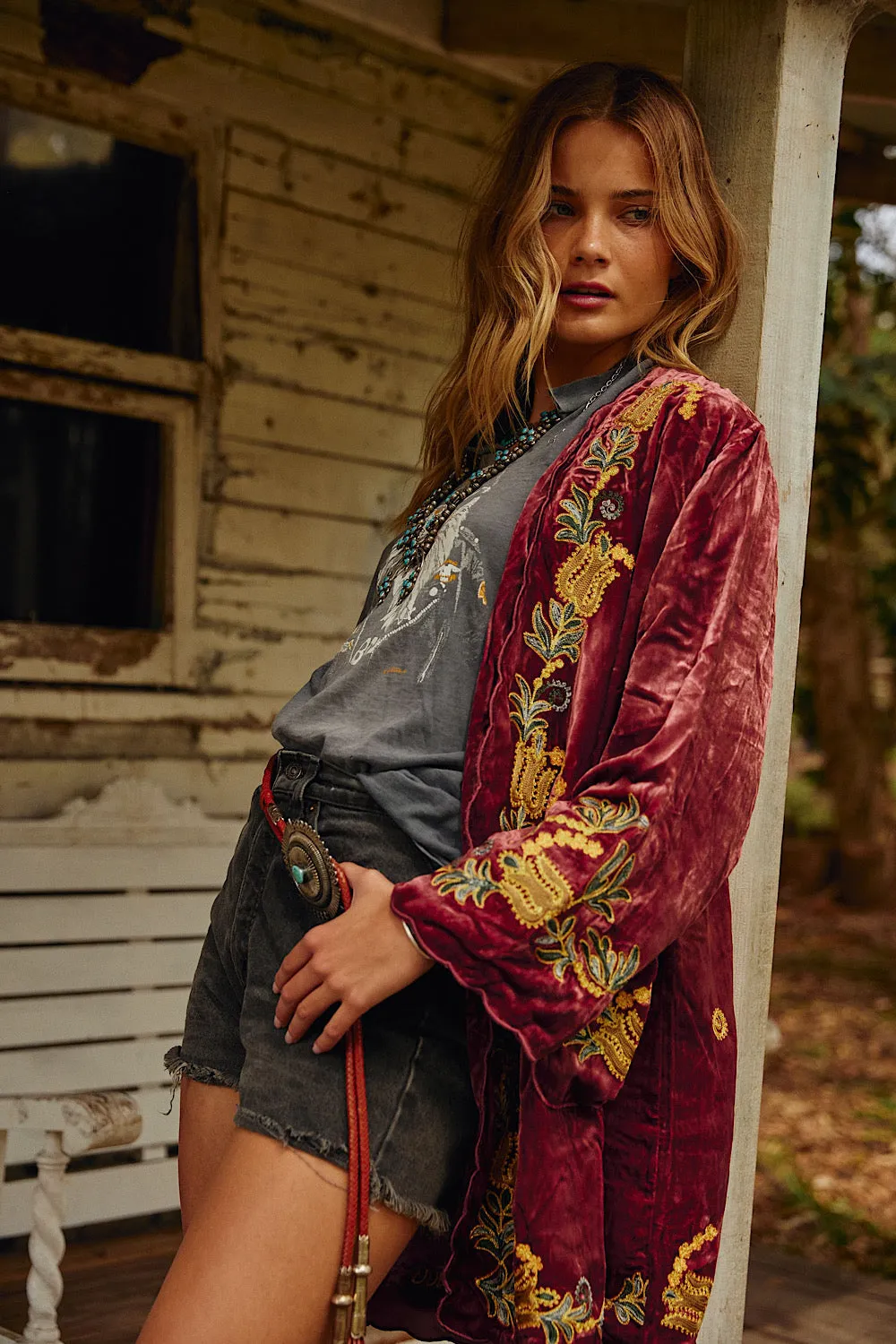 Proud Mary Silk Velvet And Embroidered Short Housecoat - ruby wine