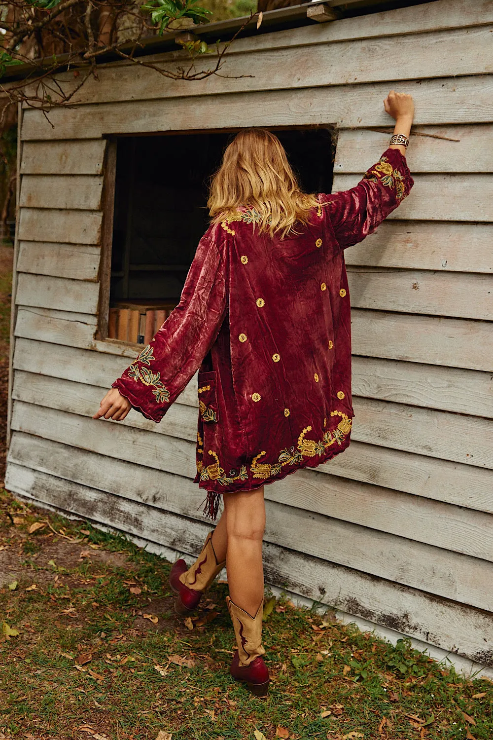 Proud Mary Silk Velvet And Embroidered Short Housecoat - ruby wine
