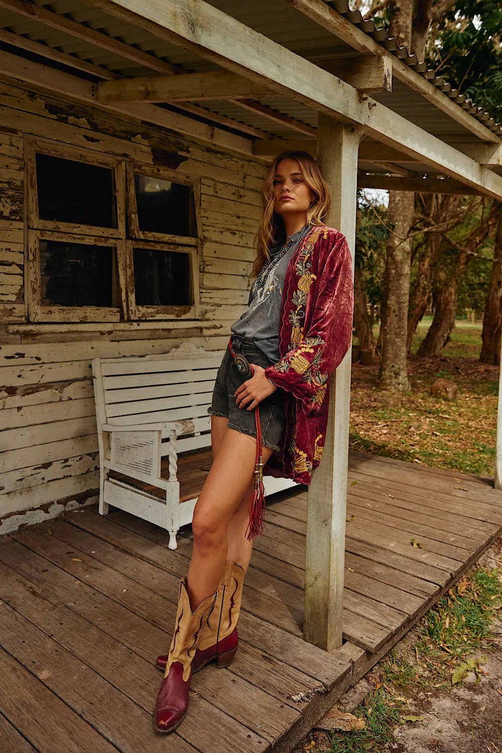 Proud Mary Silk Velvet And Embroidered Short Housecoat - ruby wine