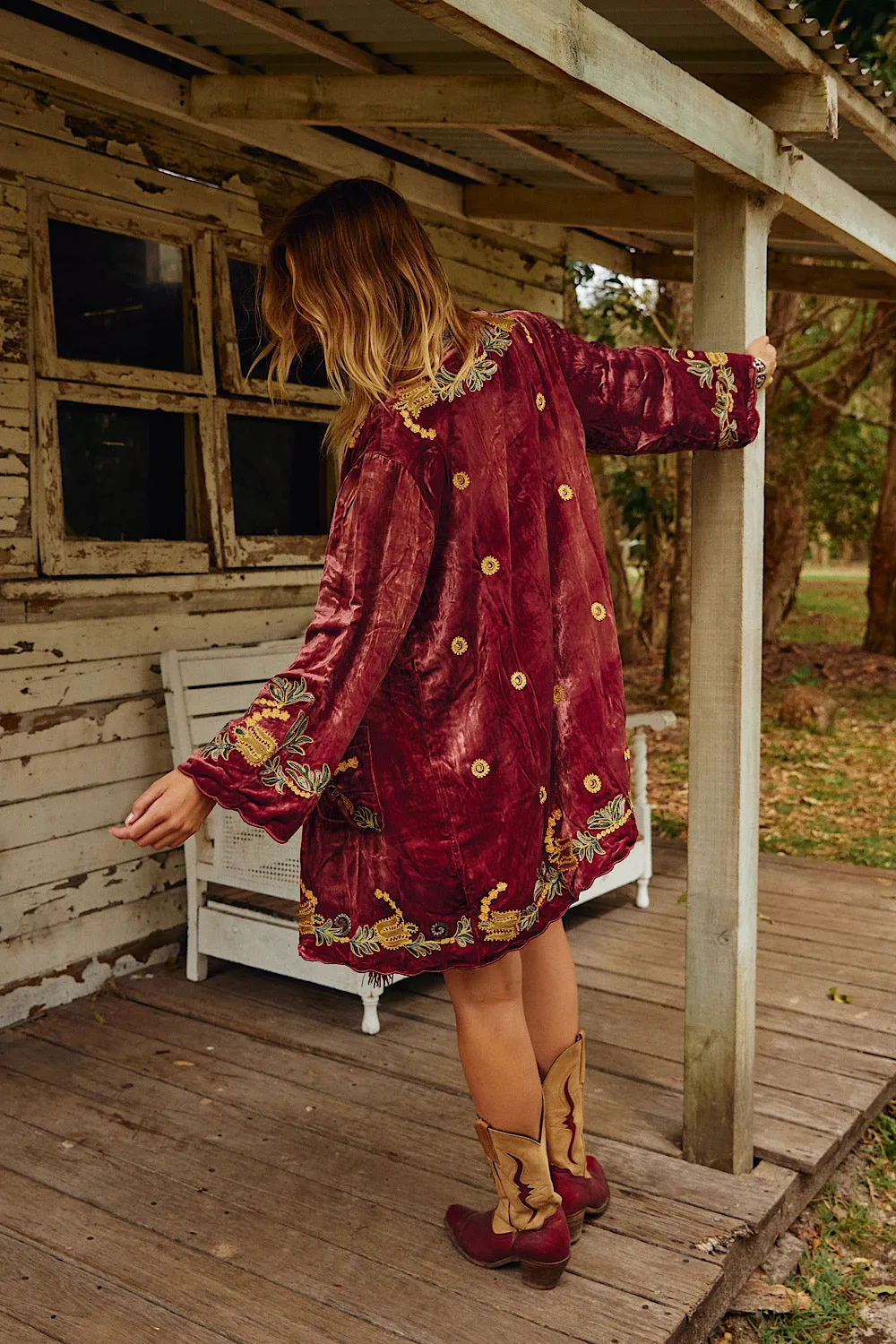 Proud Mary Silk Velvet And Embroidered Short Housecoat - ruby wine
