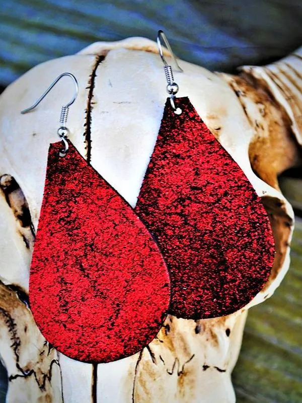 " Rockstar " Red Glitter Crackle Cowhide Leather Teardrop Earrings Approx. 3"