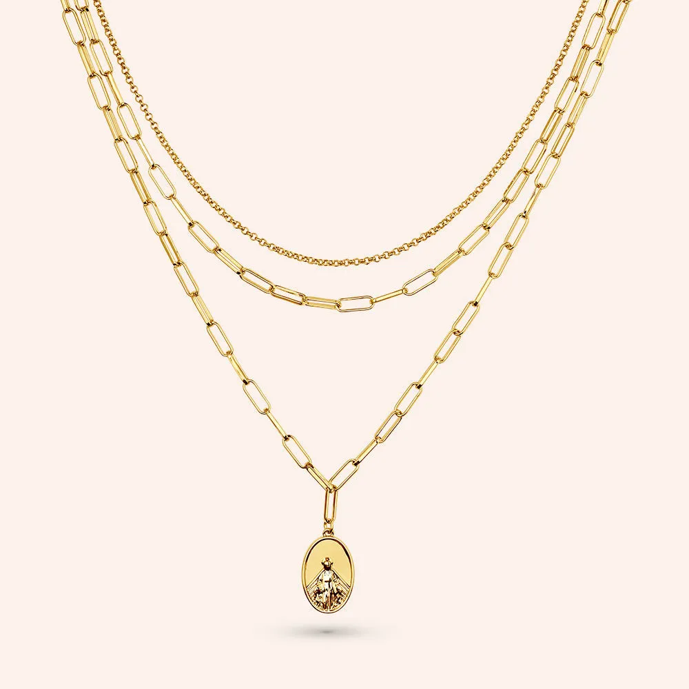 "Gracey" Virgin Mary Triple Strand Layered Necklace