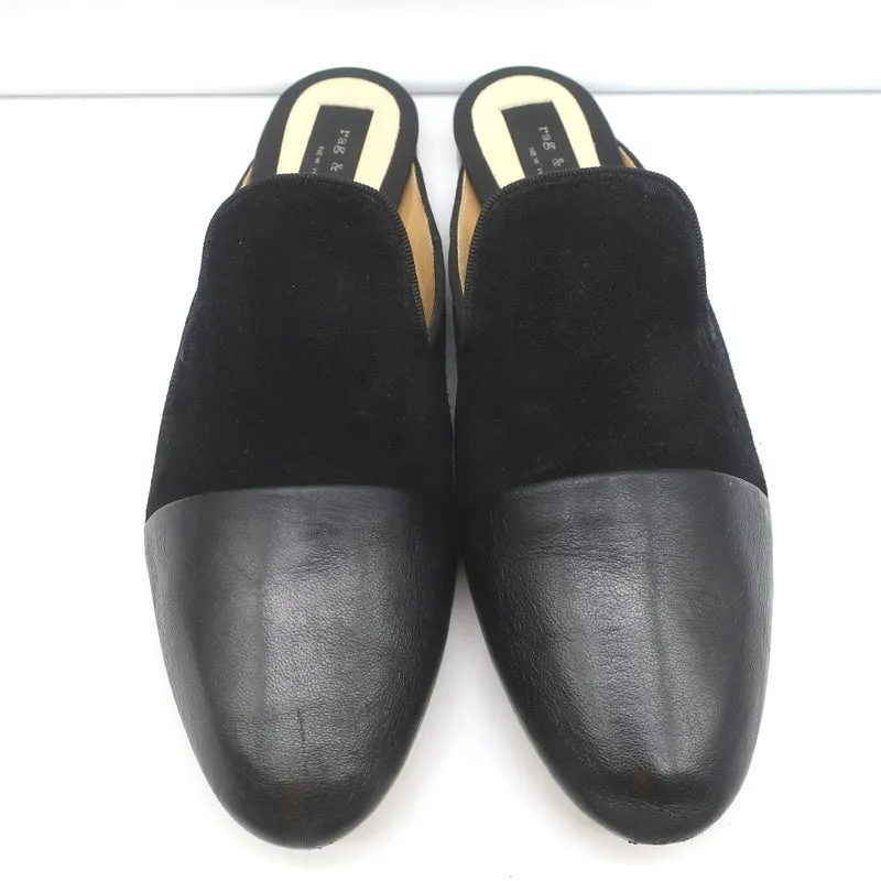 Rag & Bone Flat Mules Sabine Black Suede & Leather Size 41