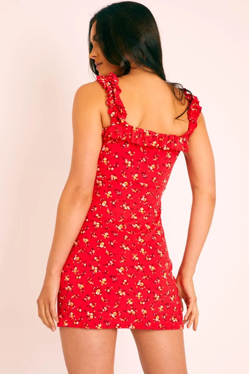 Red Floral Print Tie front Ruffle Dress - Paxton