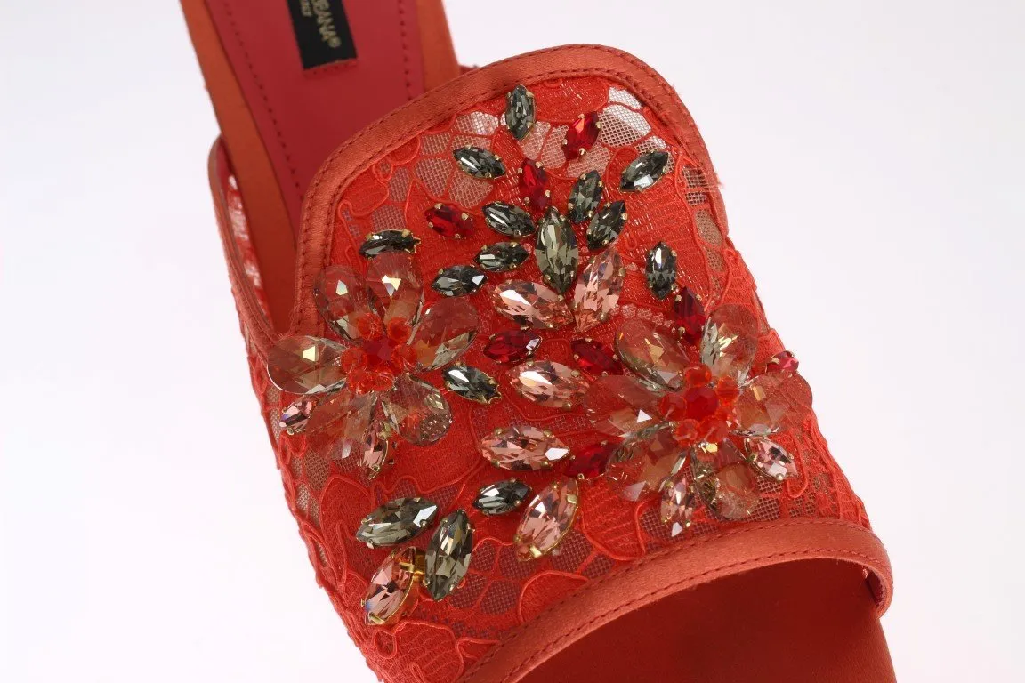 Red Lace Crystal Mules Wedge Sandal Shoes