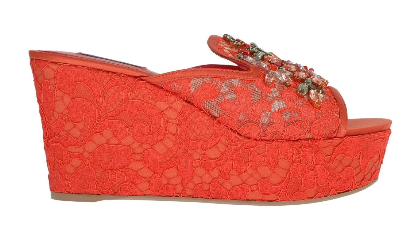Red Lace Crystal Mules Wedge Sandal Shoes
