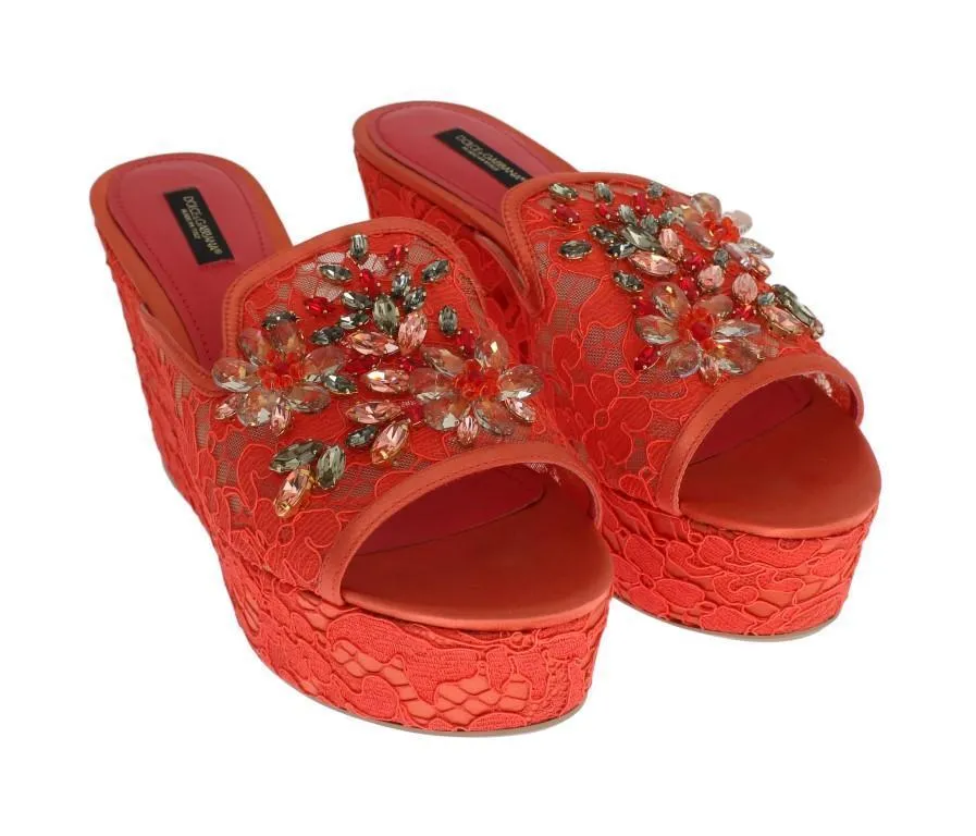Red Lace Crystal Mules Wedge Sandal Shoes