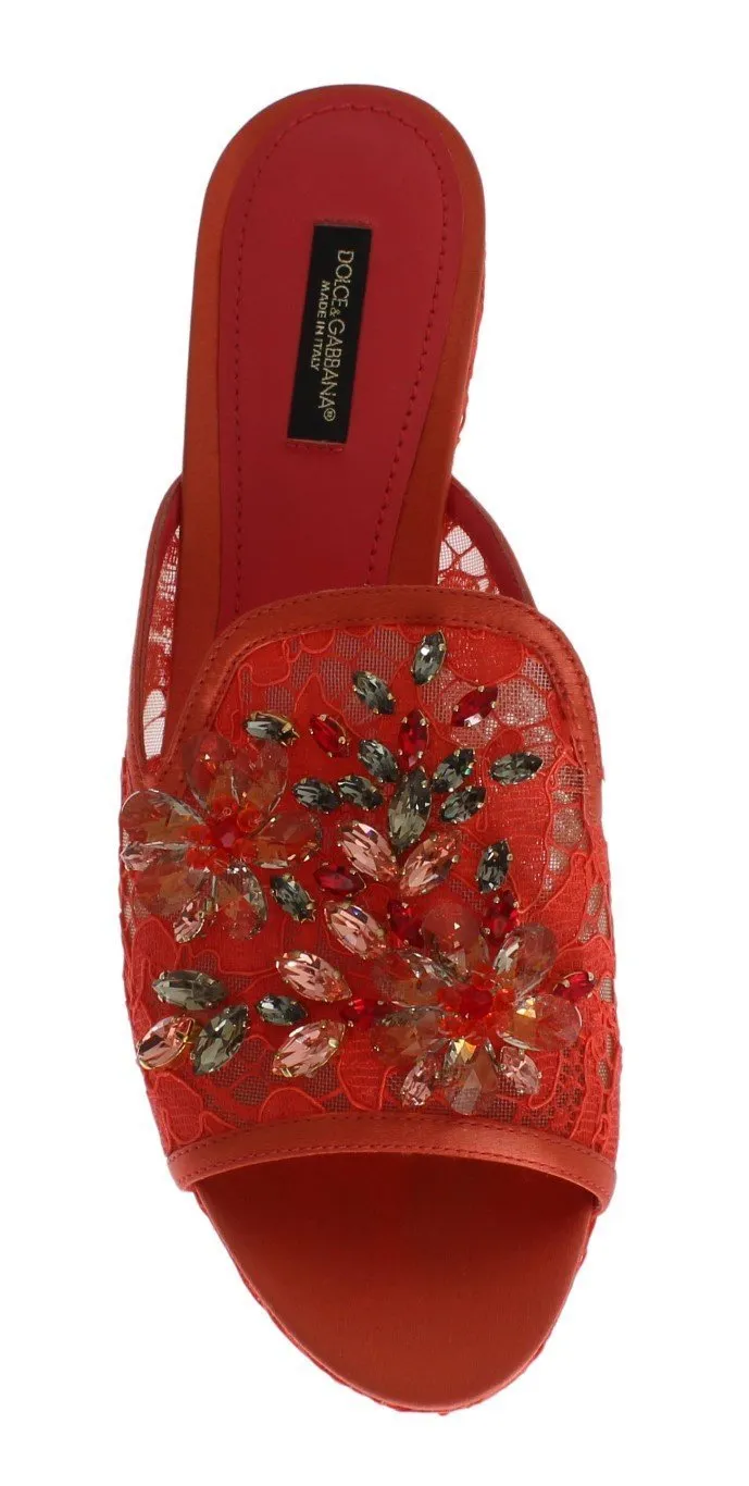 Red Lace Crystal Mules Wedge Sandal Shoes