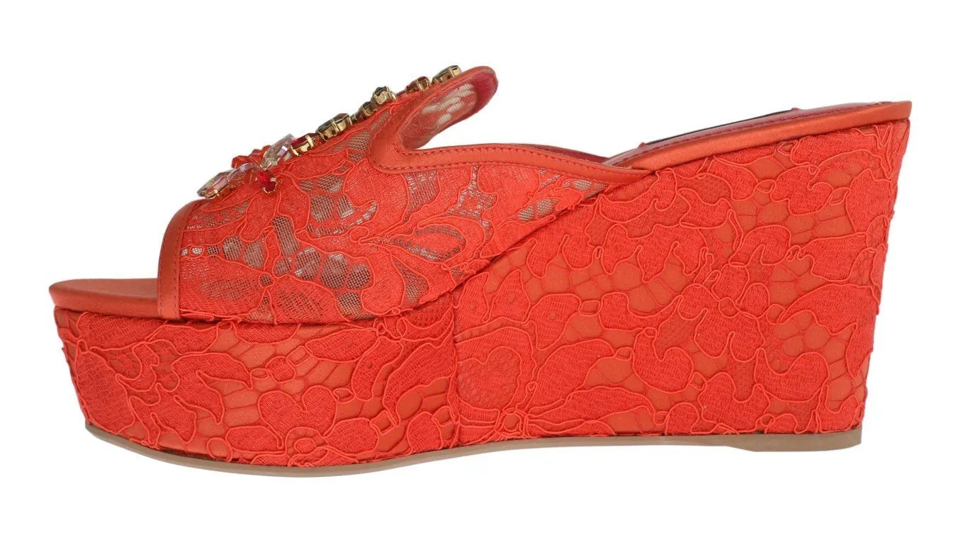 Red Lace Crystal Mules Wedge Sandal Shoes
