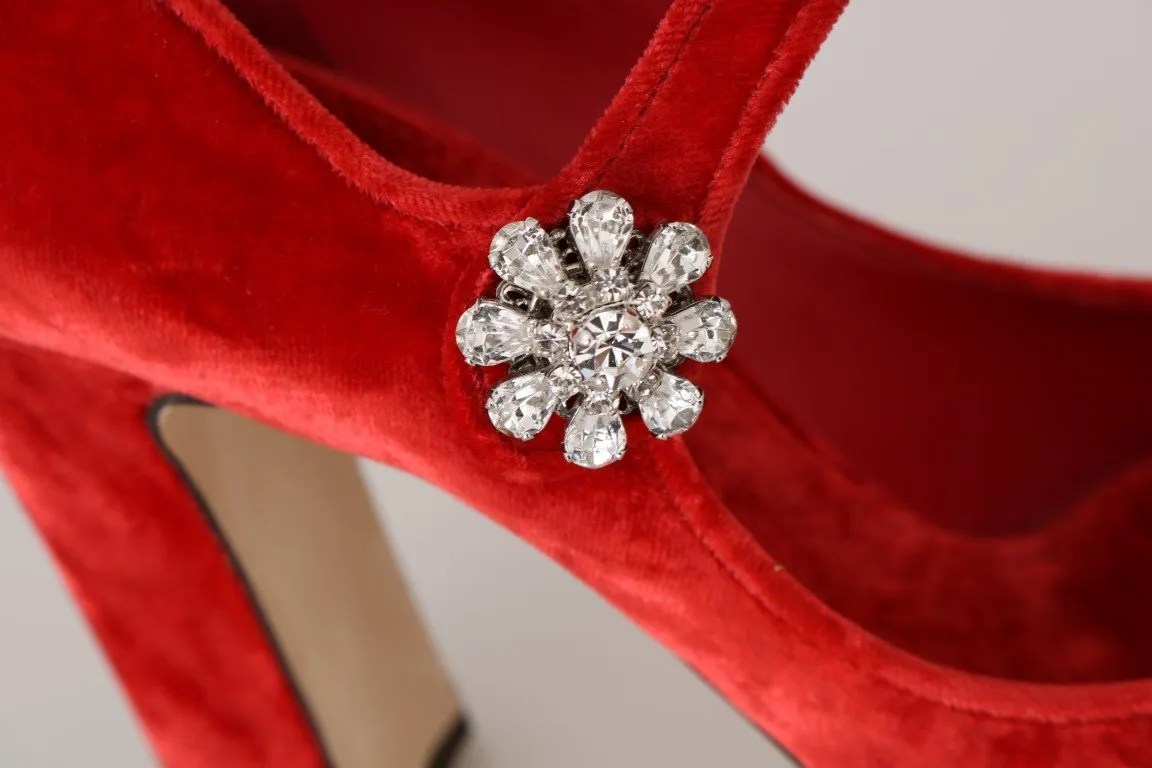 Red Velvet Crystal Mary Janes Pumps