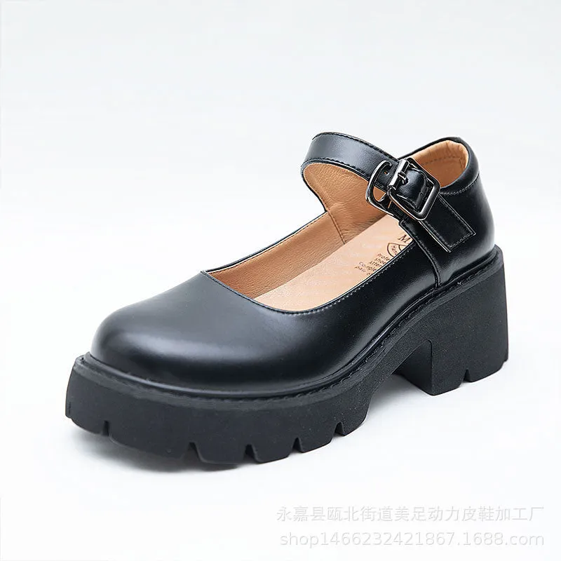 Retro Mary Jane Women's Thick Sole Thick Heel Heightening Leather Shoes