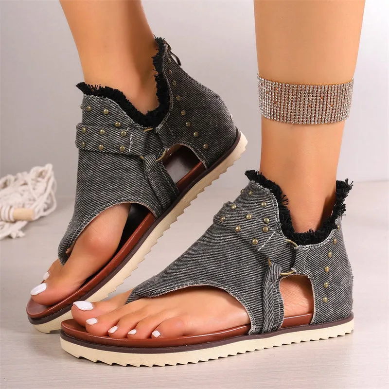 Retro Rivet Decoration Open Toe Flat Roman Sandals for Women