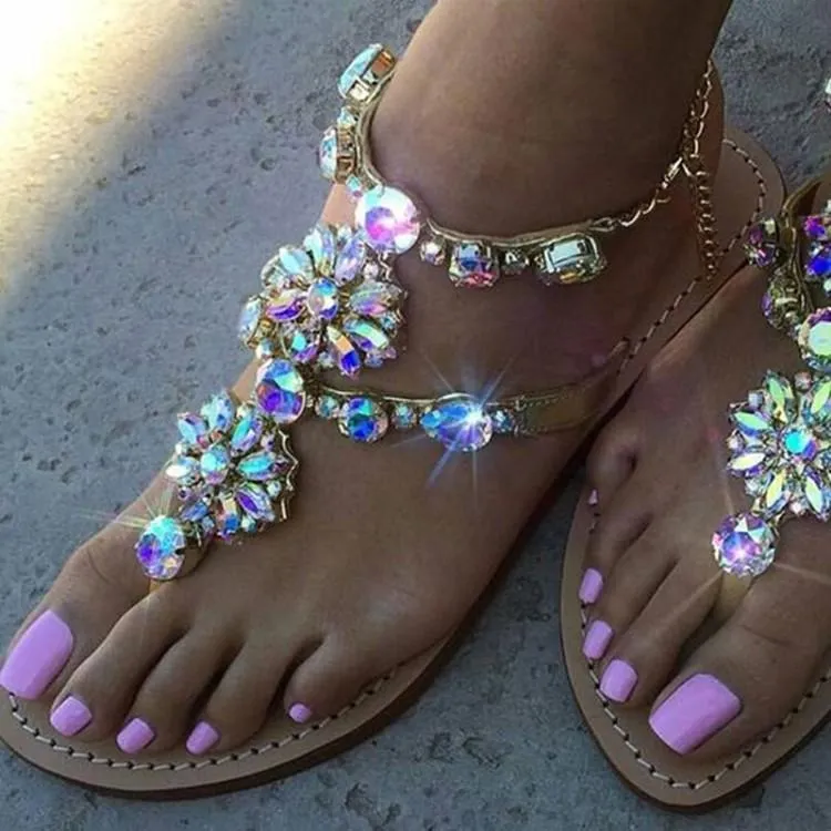 Rhinestone Chain Flat Bottom Roman Sandals