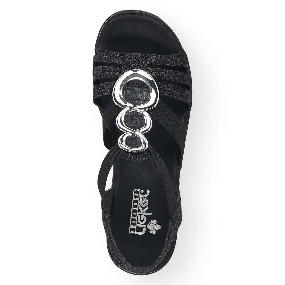RIEKER - V20L4-00 LOW WEDGE FASHION SANDAL - BLACK/GLITTER