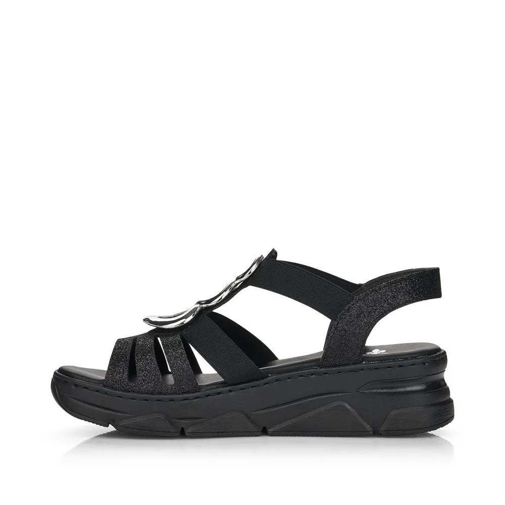 RIEKER - V20L4-00 LOW WEDGE FASHION SANDAL - BLACK/GLITTER