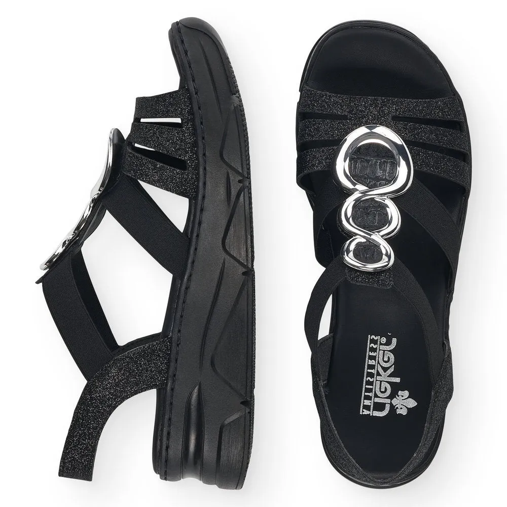 RIEKER - V20L4-00 LOW WEDGE FASHION SANDAL - BLACK/GLITTER