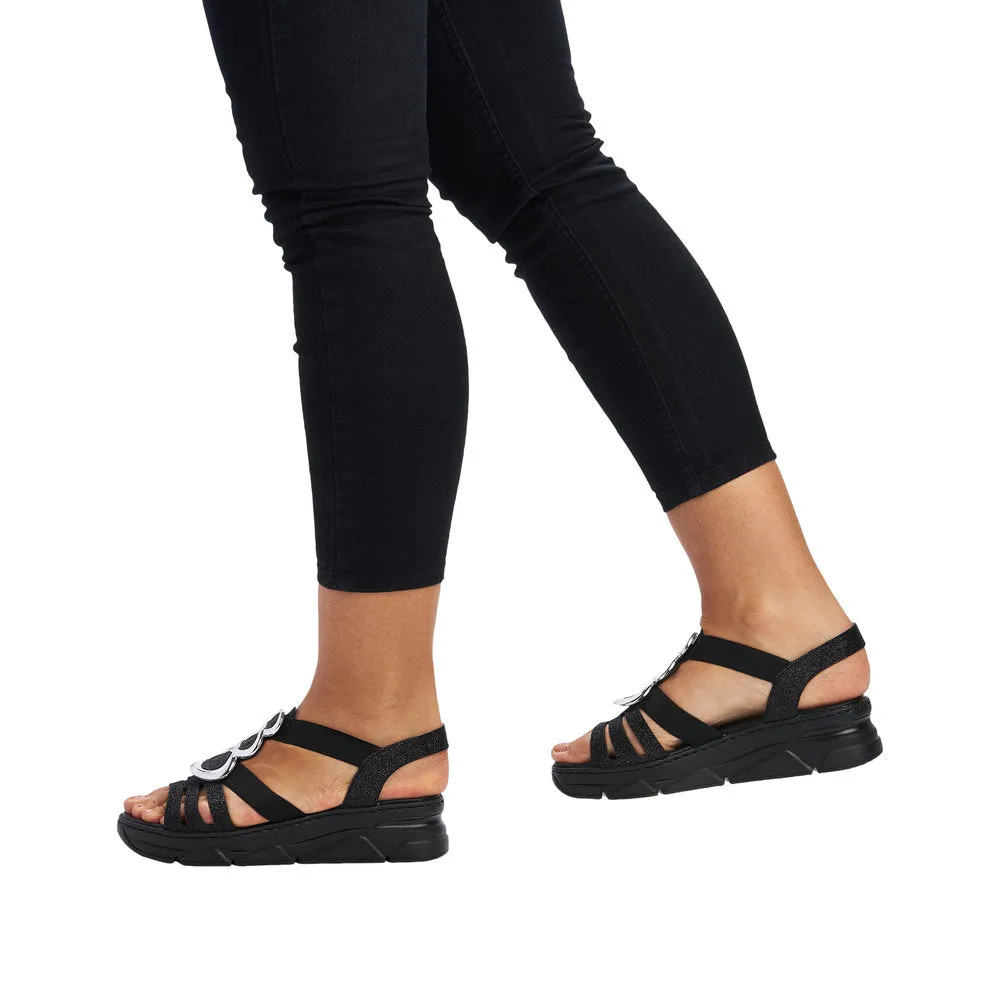RIEKER - V20L4-00 LOW WEDGE FASHION SANDAL - BLACK/GLITTER