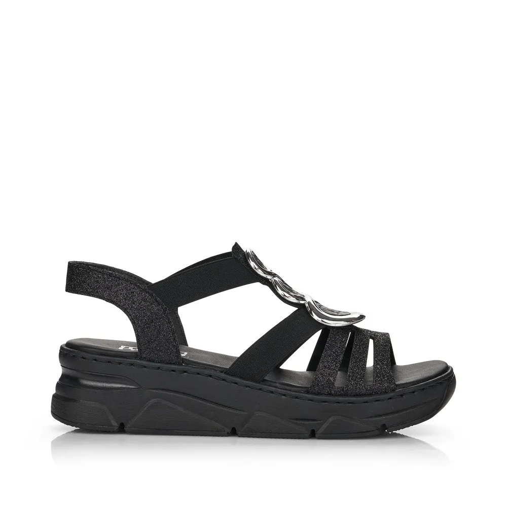 RIEKER - V20L4-00 LOW WEDGE FASHION SANDAL - BLACK/GLITTER