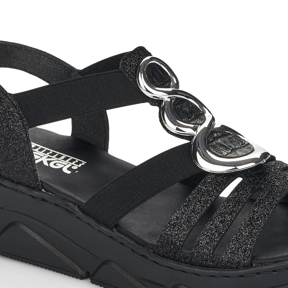 RIEKER - V20L4-00 LOW WEDGE FASHION SANDAL - BLACK/GLITTER
