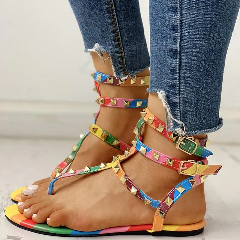 Rivets Multi Strap Toe Post Flat Sandals