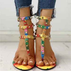 Rivets Multi Strap Toe Post Flat Sandals