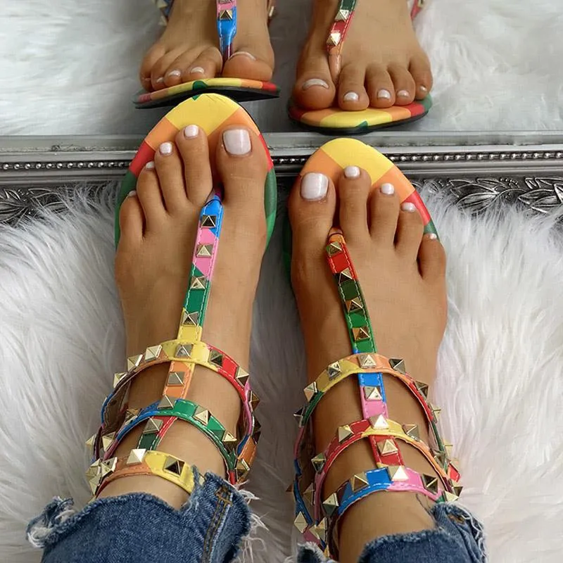 Rivets Multi Strap Toe Post Flat Sandals