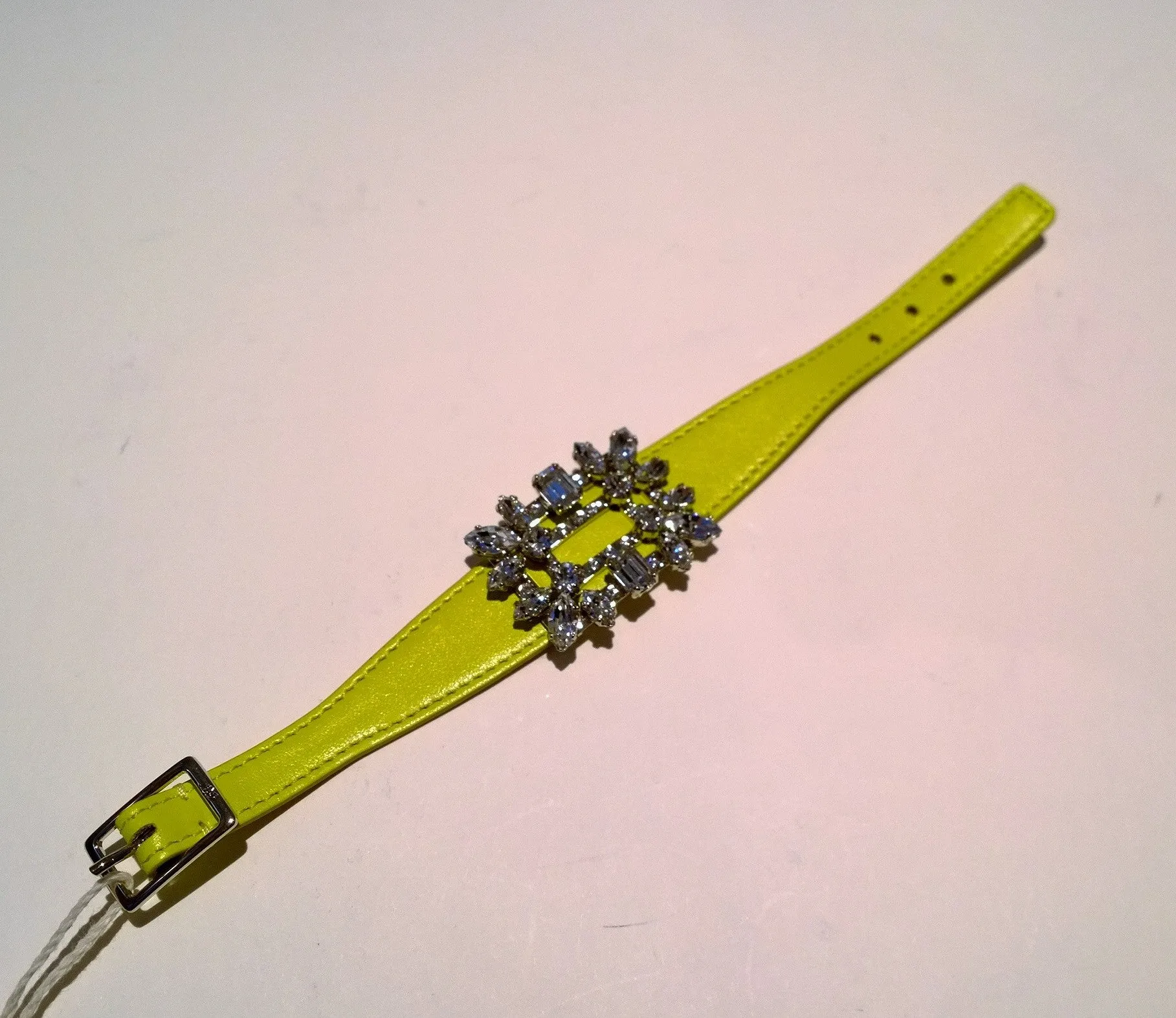 Roger Vivier Broche Vivier Bracelet in Lemon Yellow Leather with Rhinestone Buckle
