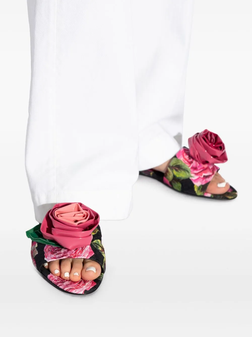 Rose embellished printed flat sandals