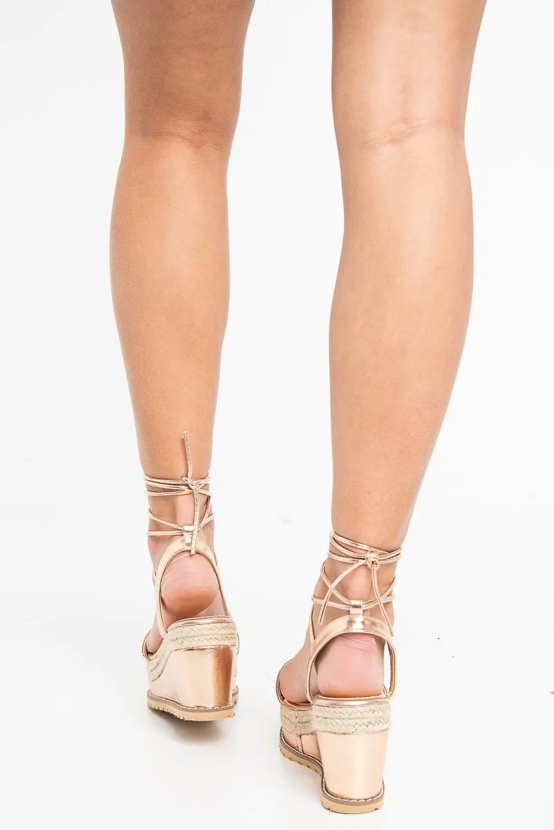 Rose Gold Diamante Detail Woven Insert Lace Up Wedges - Avril