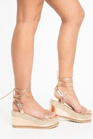 Rose Gold Diamante Detail Woven Insert Lace Up Wedges - Avril