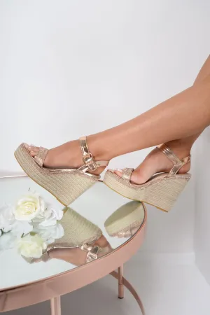 Rose Gold Diamante Embellished Wedges - Elisa