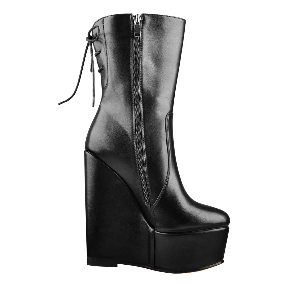 Round Toe Black Lace Up Zip Wedges Ankle Boots