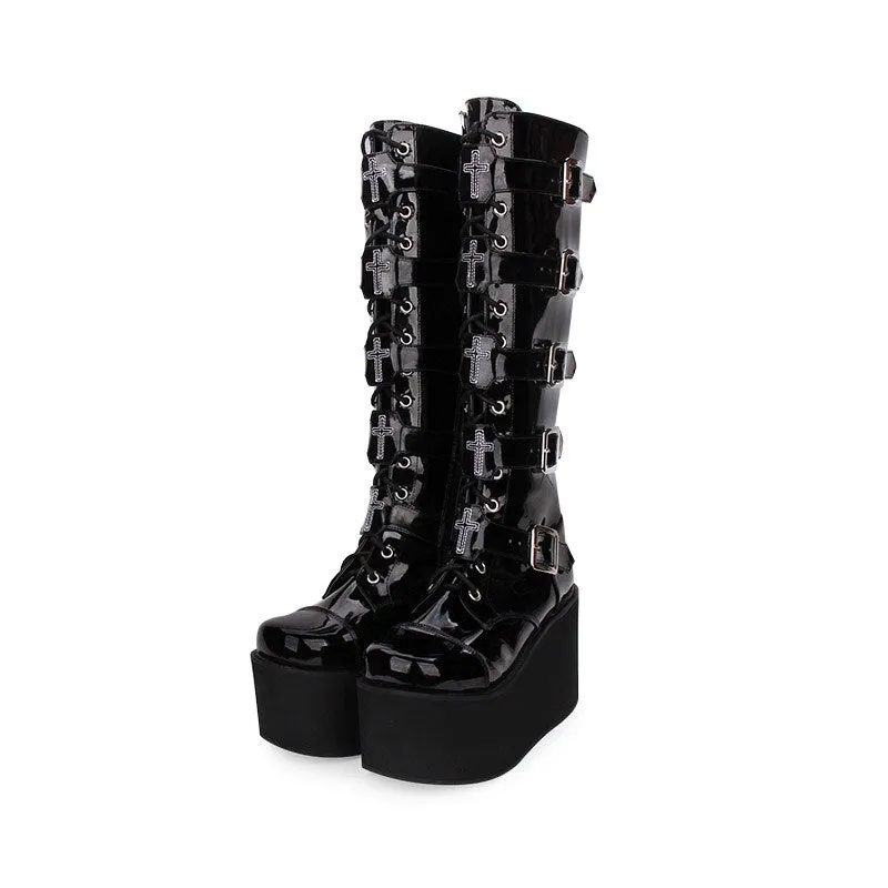 Round Toe Punk style Lolita boots Knee Lace Up High Boots