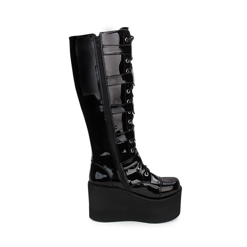 Round Toe Punk style Lolita boots Knee Lace Up High Boots