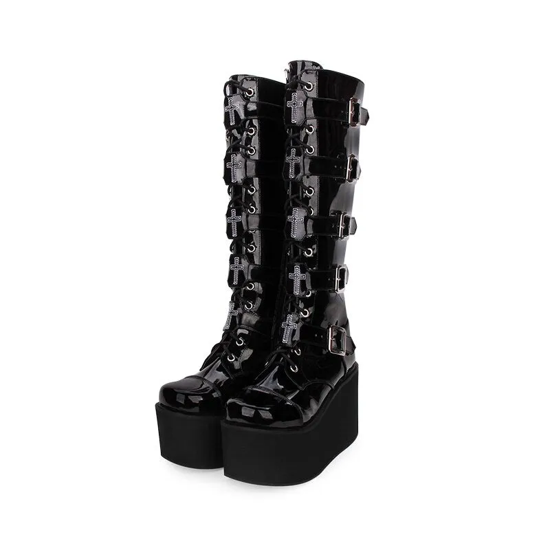 Round Toe Punk style Lolita boots Knee Lace Up High Boots