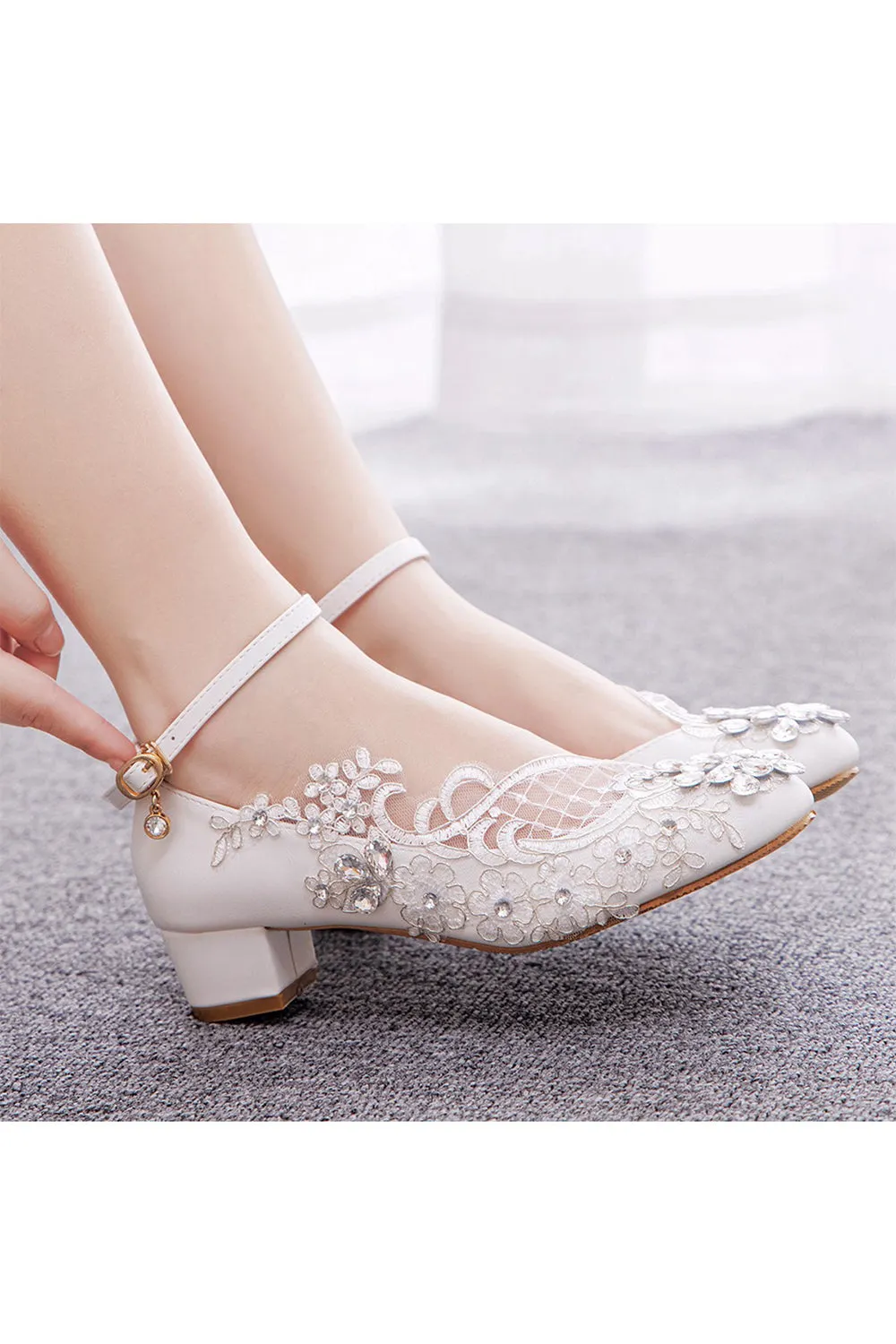 Roycebridal Round Toe Lace Rhinestones Ankle Strap Chunky Heel Wedding Shoes
