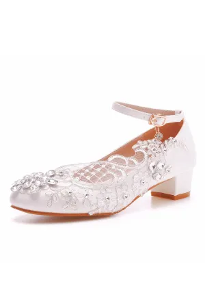 Roycebridal Round Toe Lace Rhinestones Ankle Strap Chunky Heel Wedding Shoes