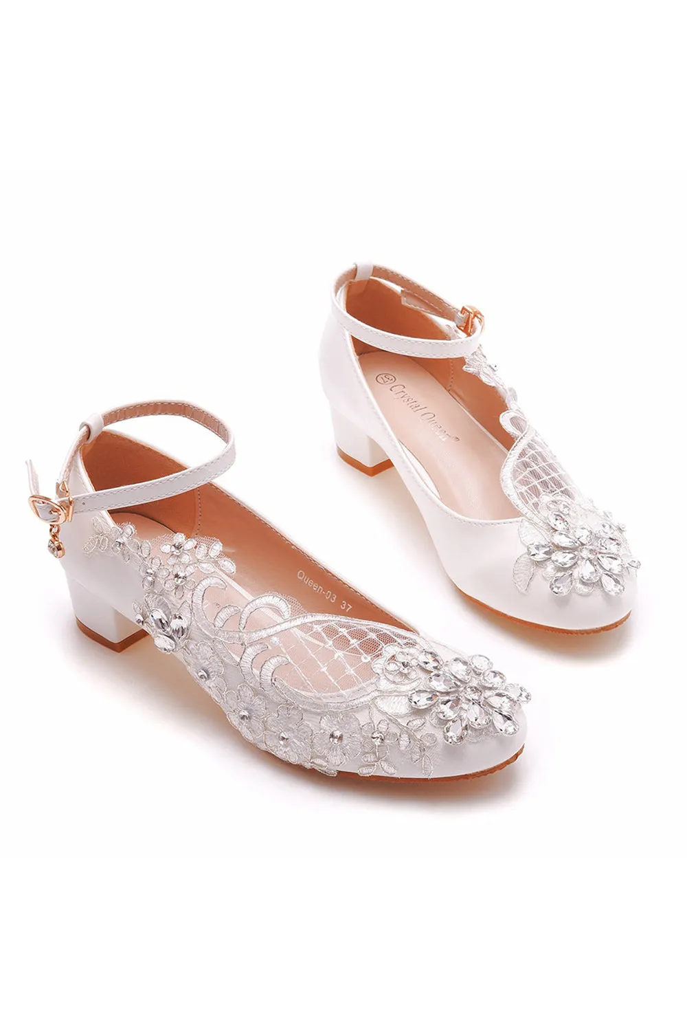 Roycebridal Round Toe Lace Rhinestones Ankle Strap Chunky Heel Wedding Shoes
