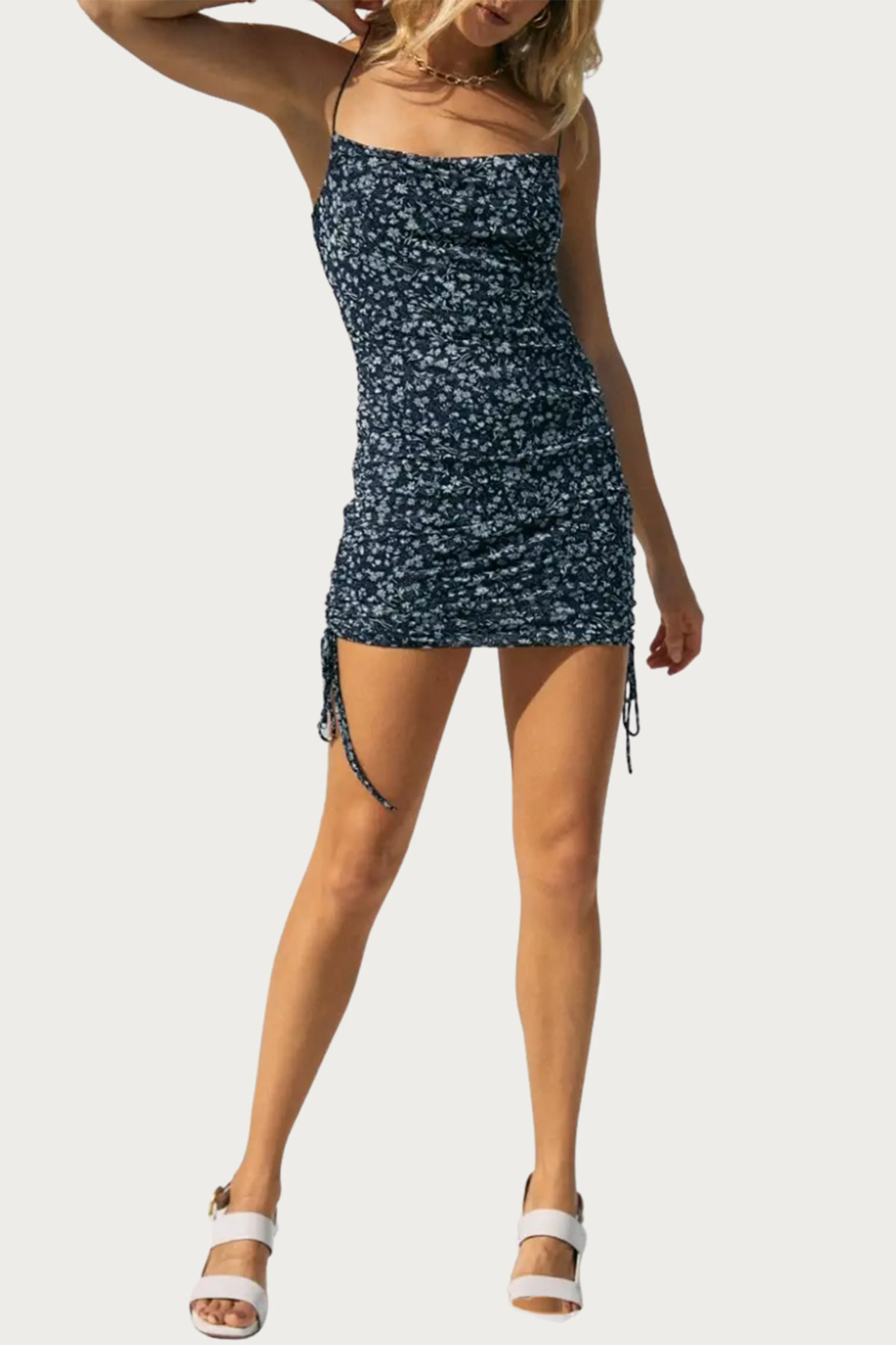 RUCHED FLORAL MINI DRESS