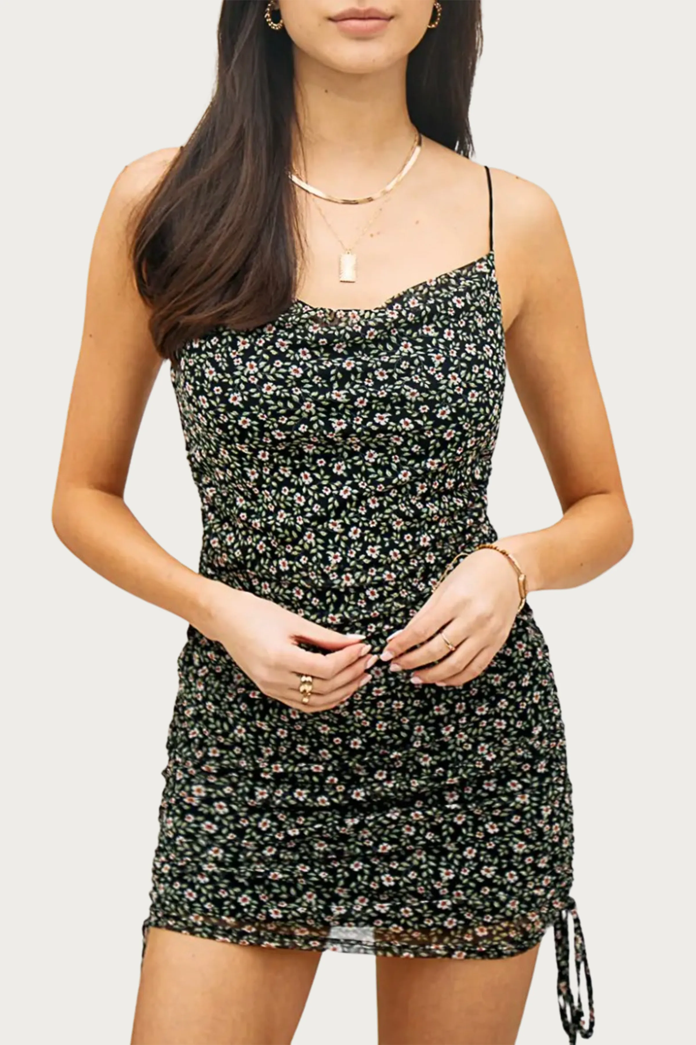 RUCHED FLORAL MINI DRESS