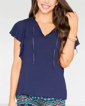 Ruffle sleeve top in navy