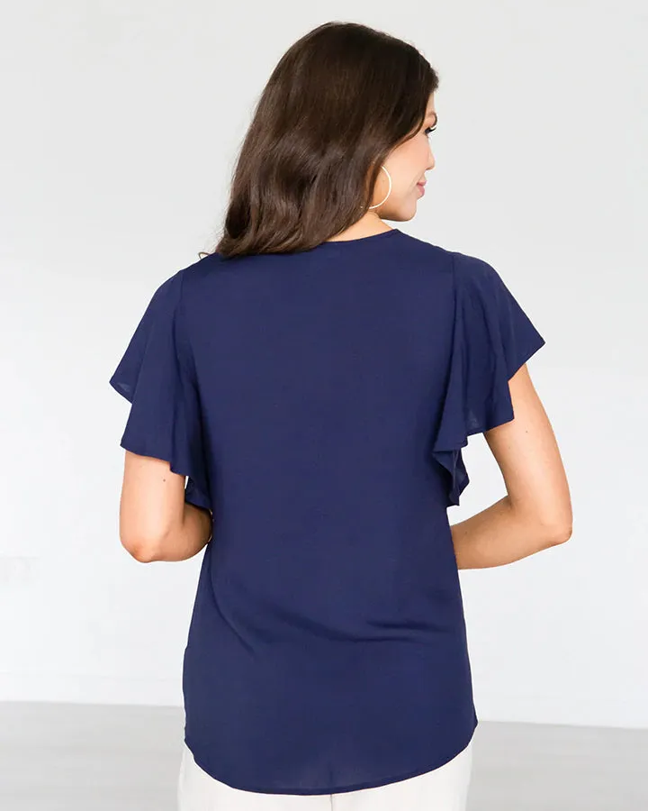 Ruffle sleeve top in navy